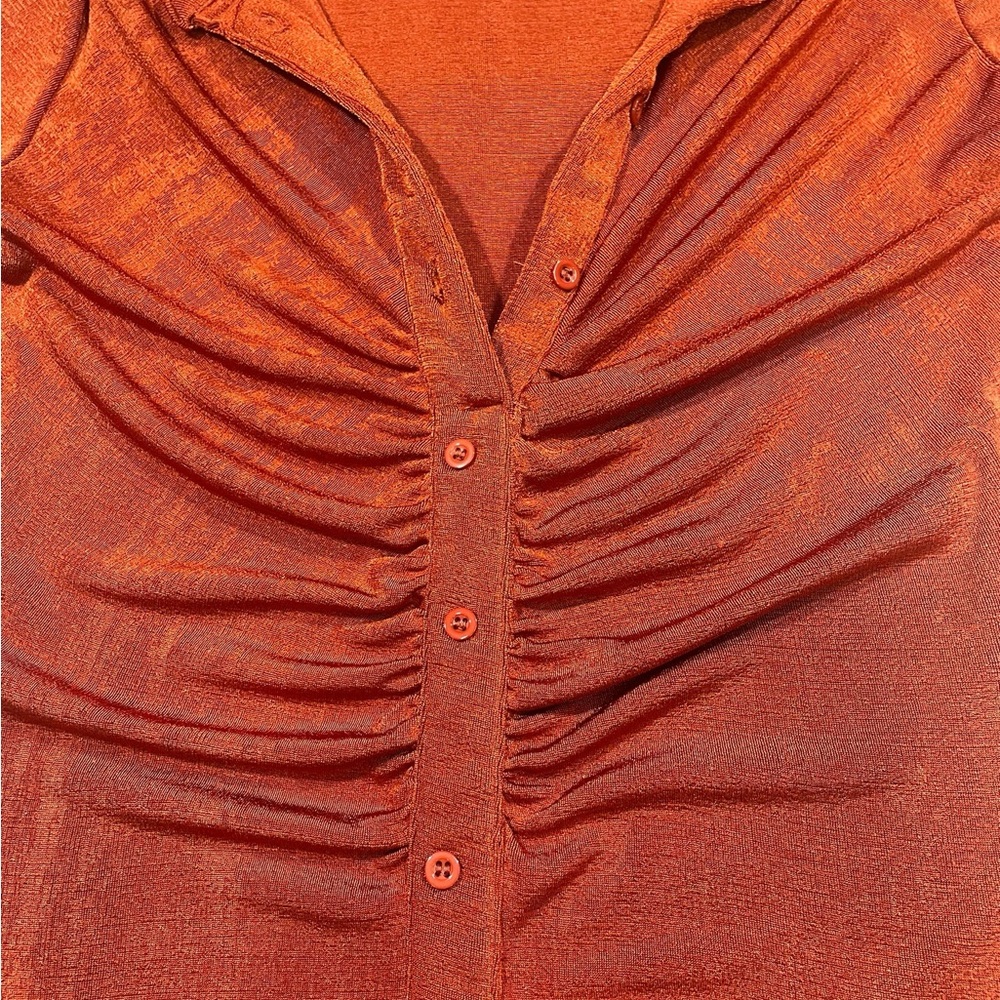 Long-Sleeve Ruched Button-Front Dress — Rust - Picture 6 of 6